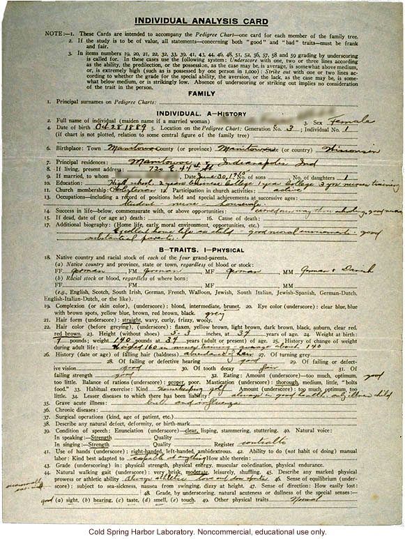 Family study, Eugenics Record Office "Individual Analysis Card" and