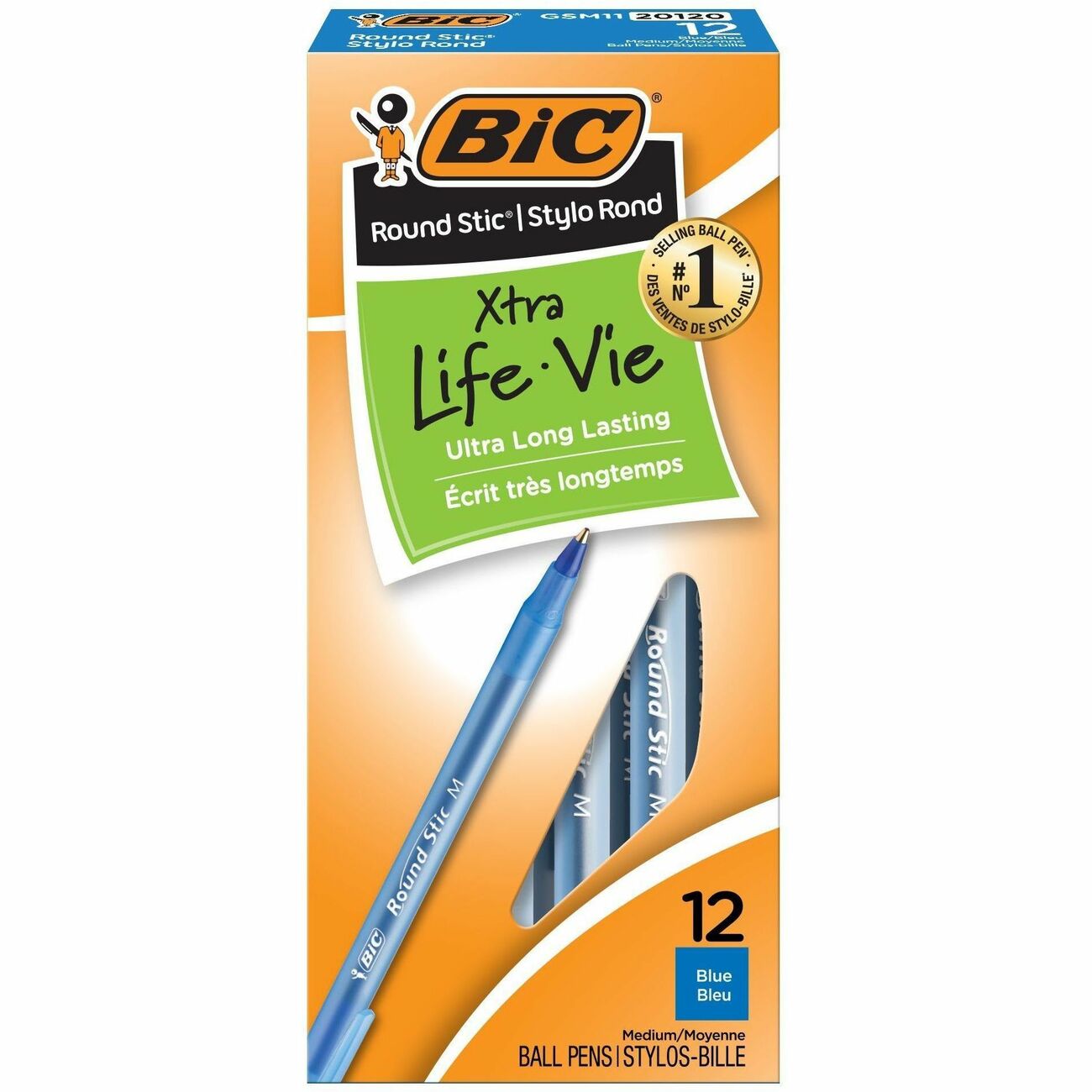 BIC Round Stic Extra Life Blue Ballpoint Pens, Medium Point (1.0mm), 12