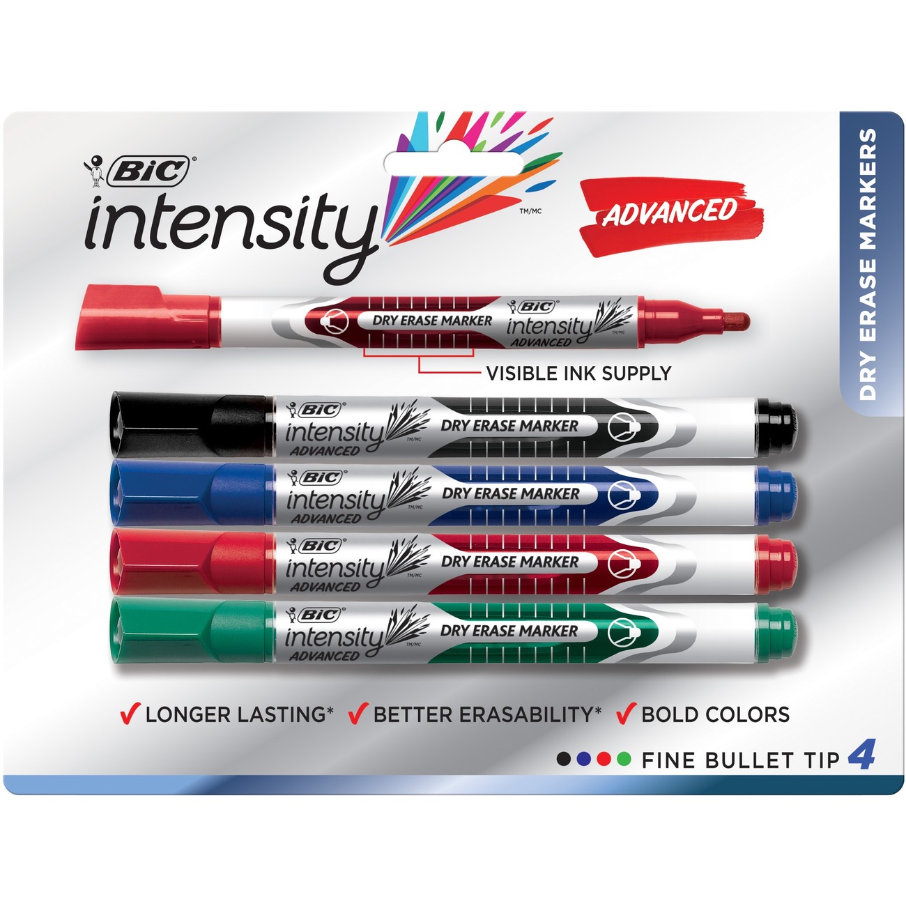 BIC Intensity Advanced Dry Erase Markers, Fine Point, Assorted Colours, 4Count Pack, Dry Erase