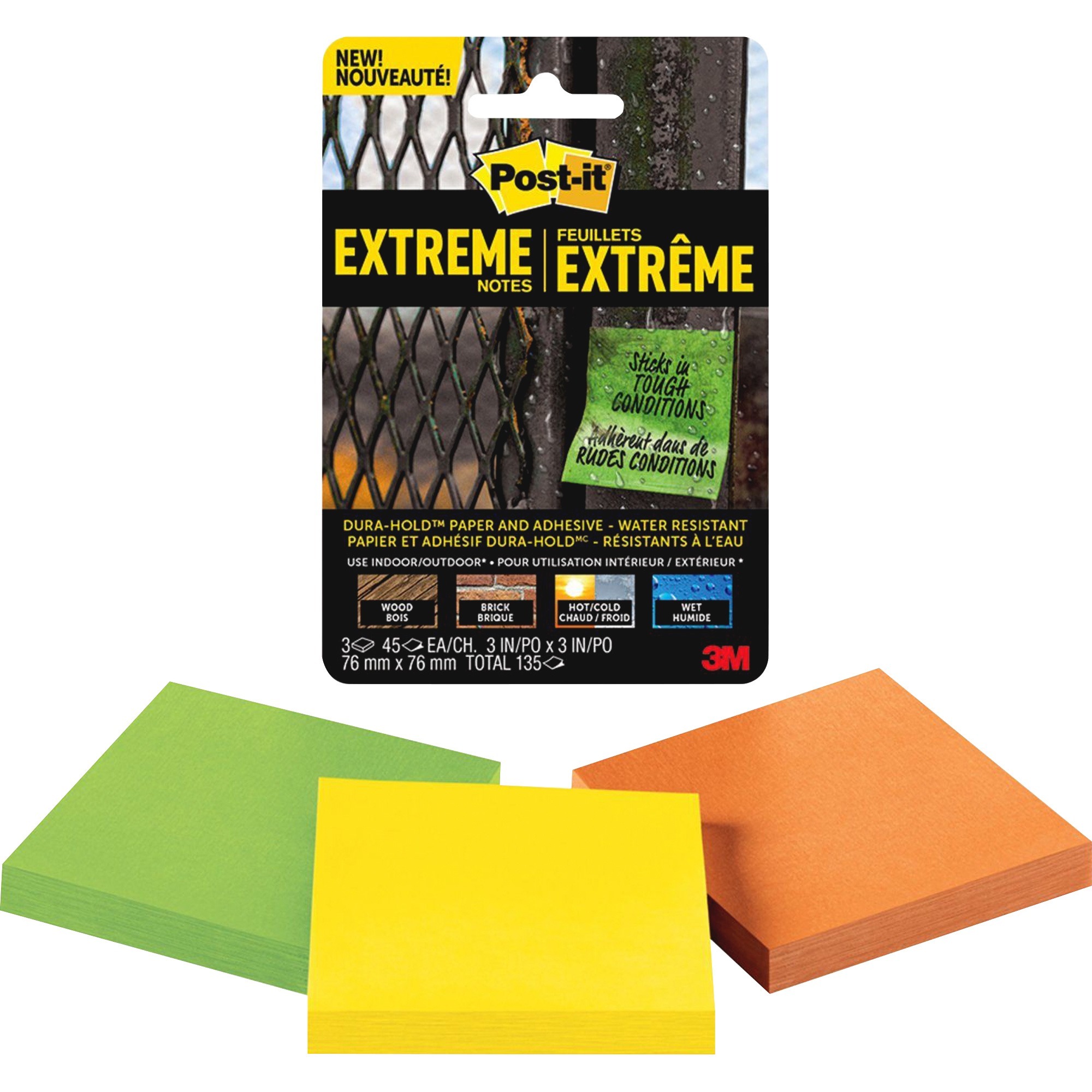 Postit® Extreme Notes 3" x 3" Square 45 Sheets per Pad Green, Yellow, Orange Paper