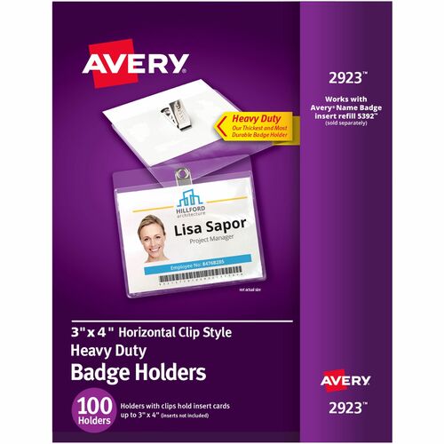 Avery(R) Heavy Duty Badge Holders, 3" x 4" , 100 Horizontal ID Badge