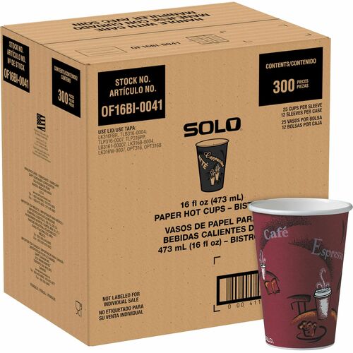 Solo 16 oz Bistro Design Hot Cups 300 / Carton Maroon Poly Paper