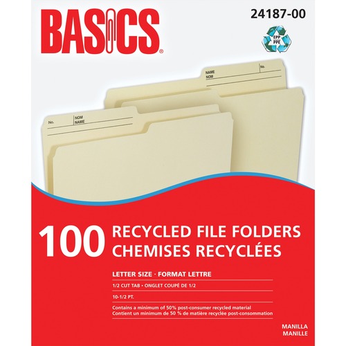 Basics® Recycled Reversible File Folders Letter Manilla 100/box 8 1/2