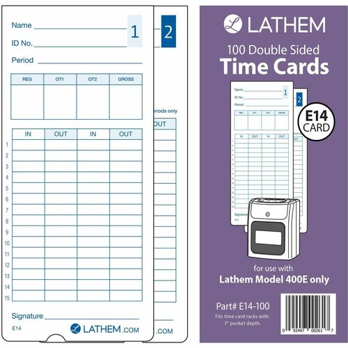 Lathem Thermal Time Clock Weekly Attendance Cards 8.25" x 3.38" Form Size White Black