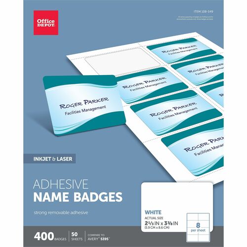 Office Depot® Brand Adhesive Name Badges, 21/3" x 33/8" , White, Pack Of 400 Name Badges