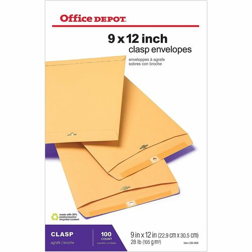 Office Depot® Brand Manila Envelopes, 9" x 12" , Clasp Closure, Brown