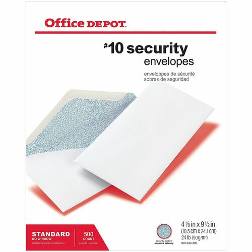 Office Depot® Brand 10 Security Envelopes, Gummed Seal, White, Box Of