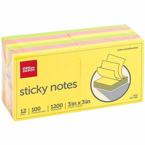 Office Depot® Brand Sticky Notes, 3" x 3" , Assorted Neon Colors, 100