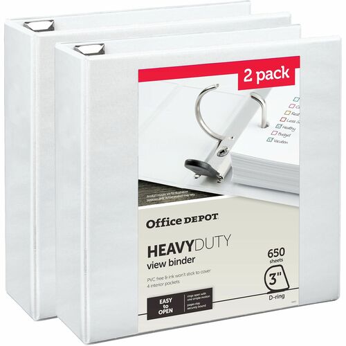 Office Depot; HeavyDuty View 3Ring Binder, 3" DRings, White, 49