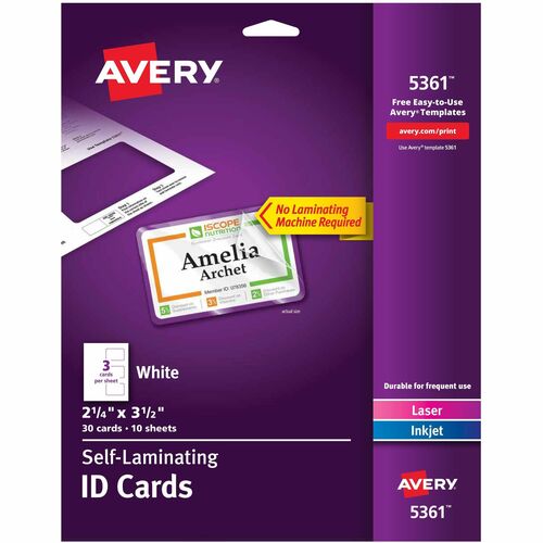 Avery® Selflaminating ID Cards 30 / Box 2" Width x 3.3" Height