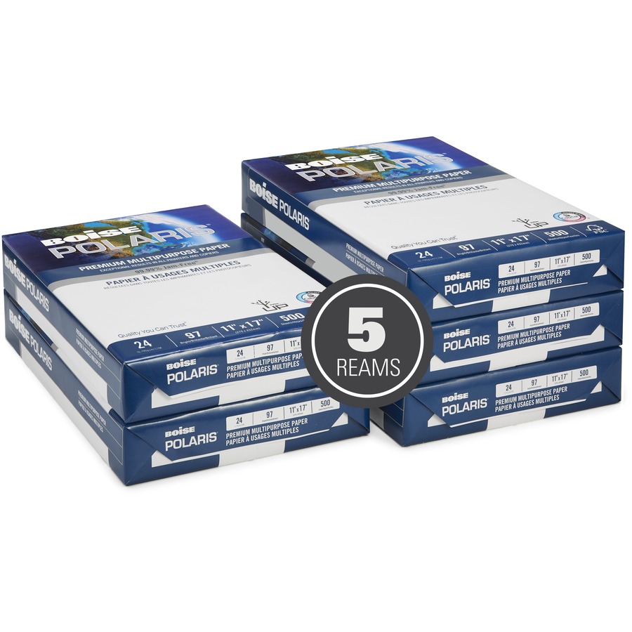 BOISE POLARIS Premium Multipurpose Copy Paper, 11" x 17" Ledger, 97 Bright White, 24 lb. Copy