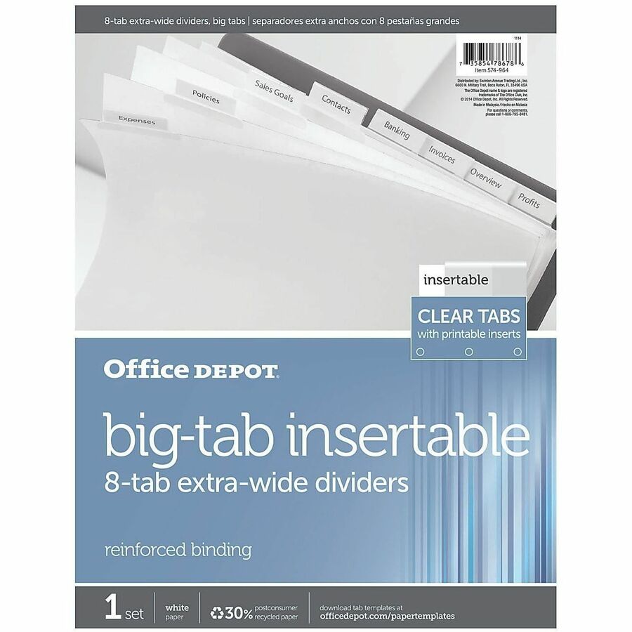 Office Depot® Brand Insertable ExtraWide Dividers With Big Tabs, Clear, 8Tab Dividers