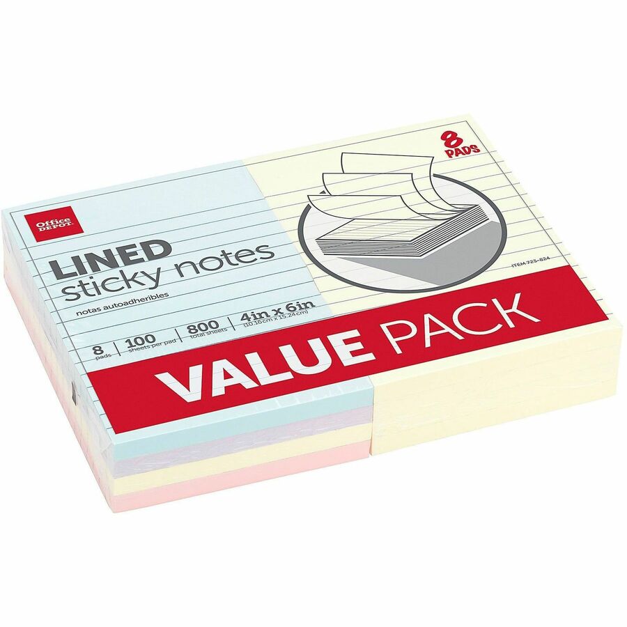Office Depot® Brand Lined Sticky Notes, 4" x 6", Assorted Pastel Colors