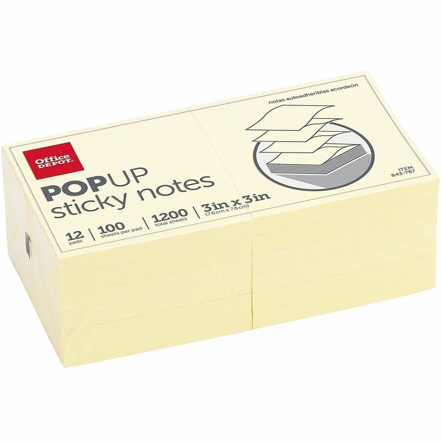 Office Depot® Brand Pop Up Sticky Notes, 3" x 3" , Yellow, 100 Sheets