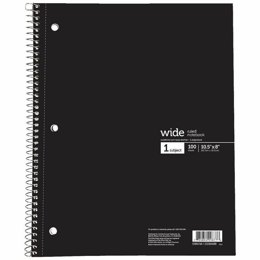 Office Depot Wirebound Notebook, 8" x 10 1/2", 1 Subject, Wide Ruled, 200 Pages (100 Sheets