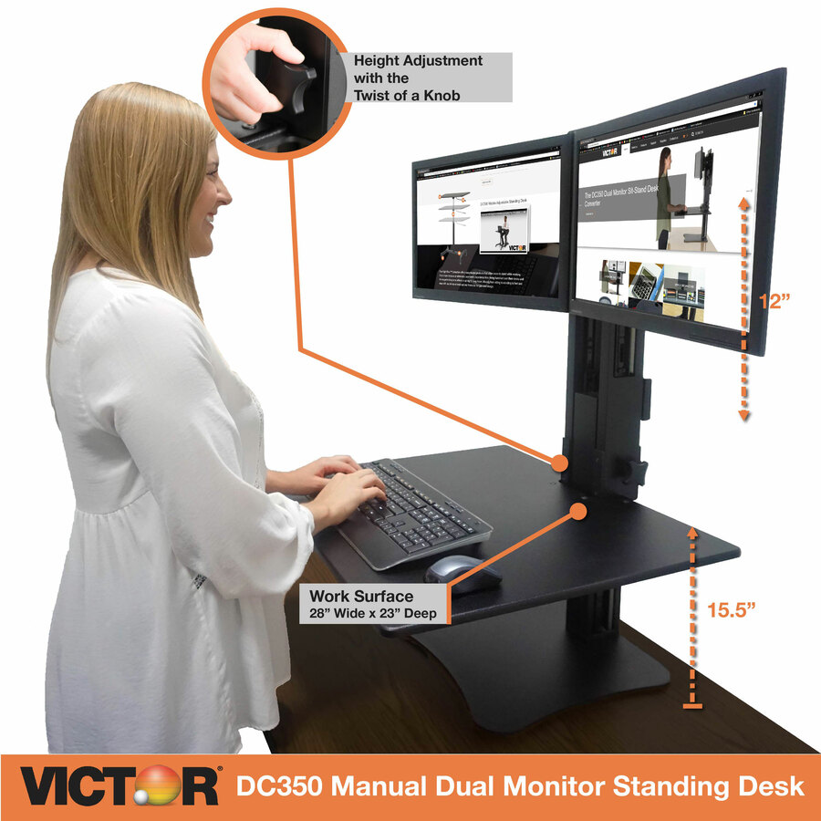 Victor High Rise Manual Dual Monitor Standing Desk Workstation
