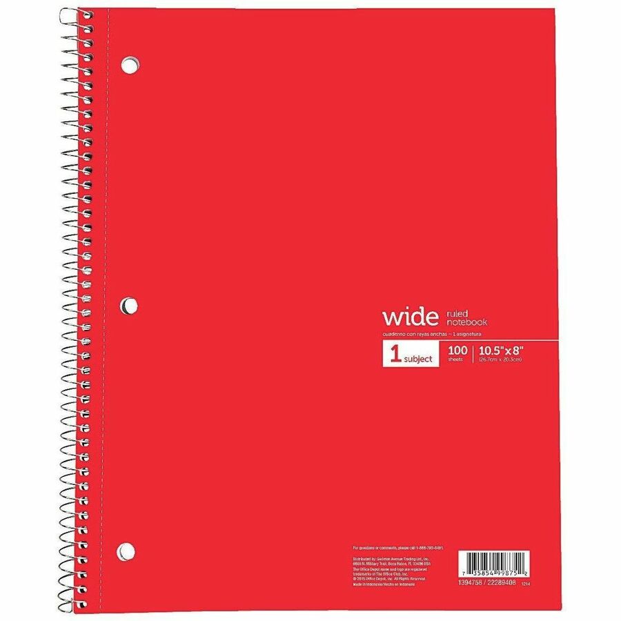 Office Depot Wirebound Notebook, 8" x 10 1/2", 1 Subject, Wide Ruled