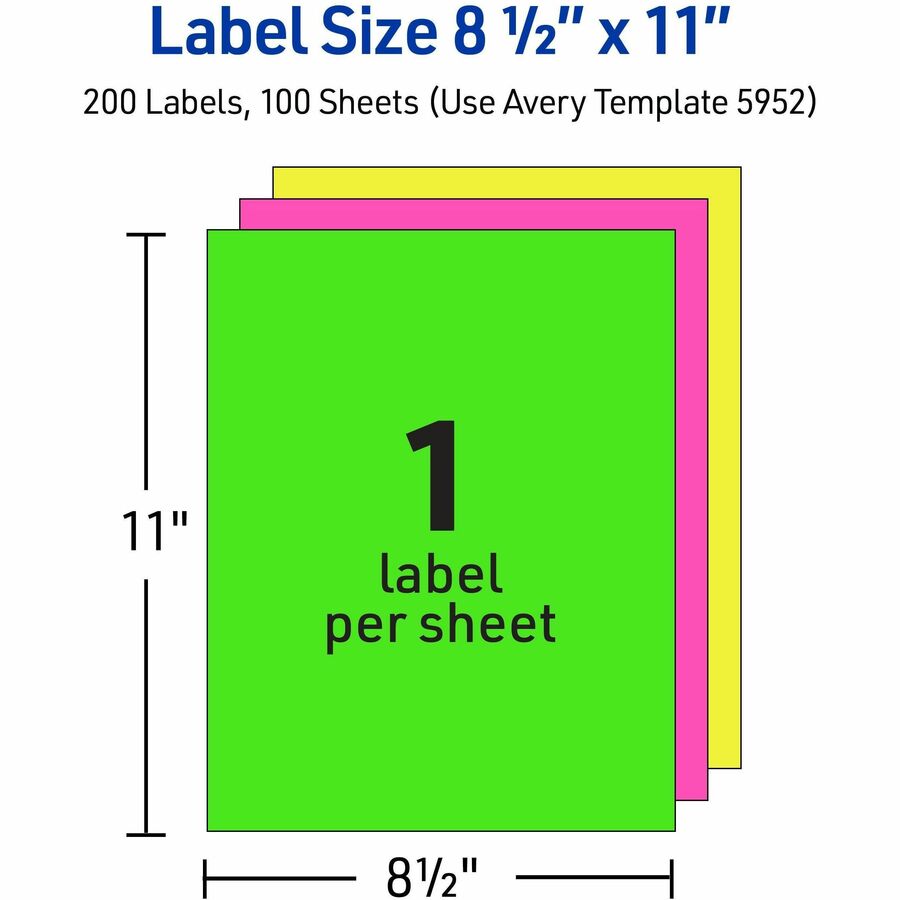 Avery® Neon Shipping Labels for Laser Printers, Assorted Green, Pink, Yellow Labels, 81/2" x