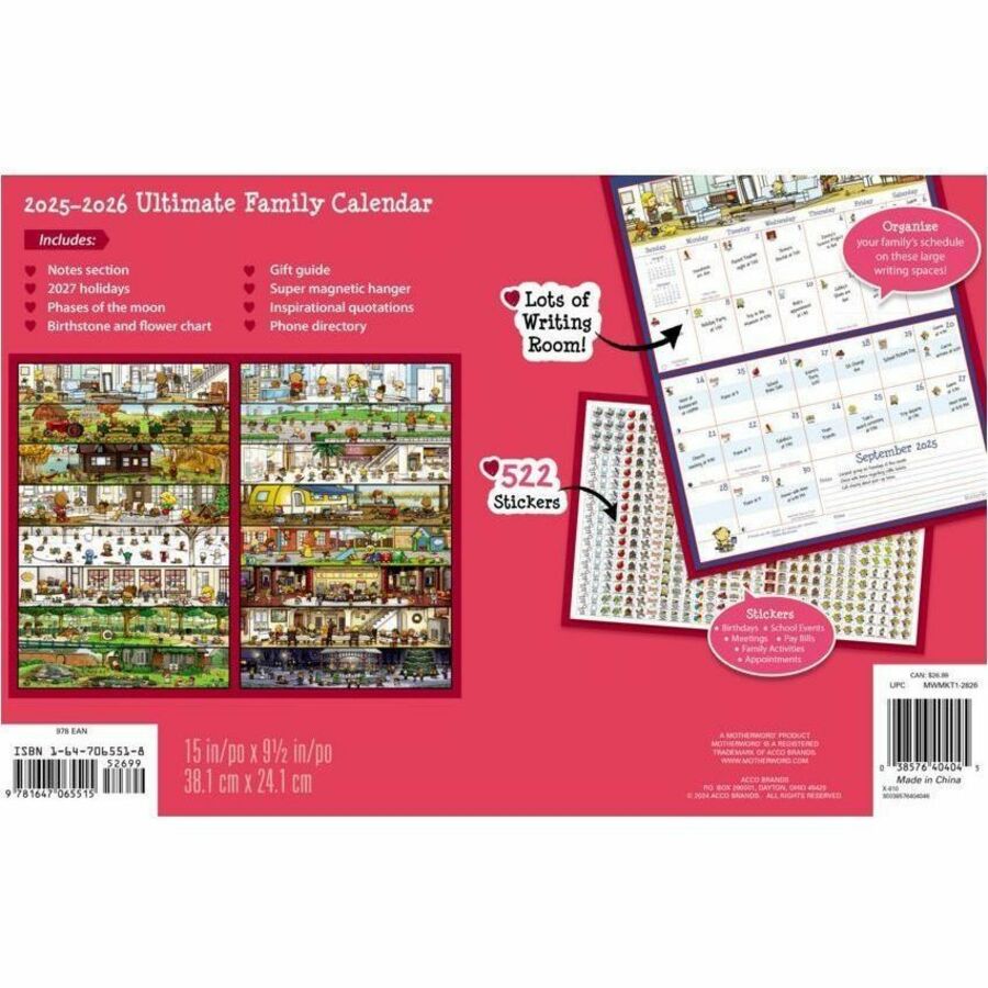 MotherWord® Mom's Ultimate Family Fridge Calendar 15" x 91/2" English Medium Size Personal Monthly 16 Month September 2024 December 2025 1 Month Single Page Layout 