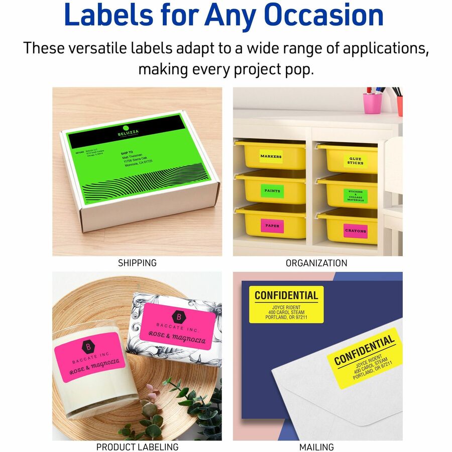 Avery® Neon Shipping Labels for Laser Printers, Assorted Green, Pink, Yellow Labels, 81/2" x