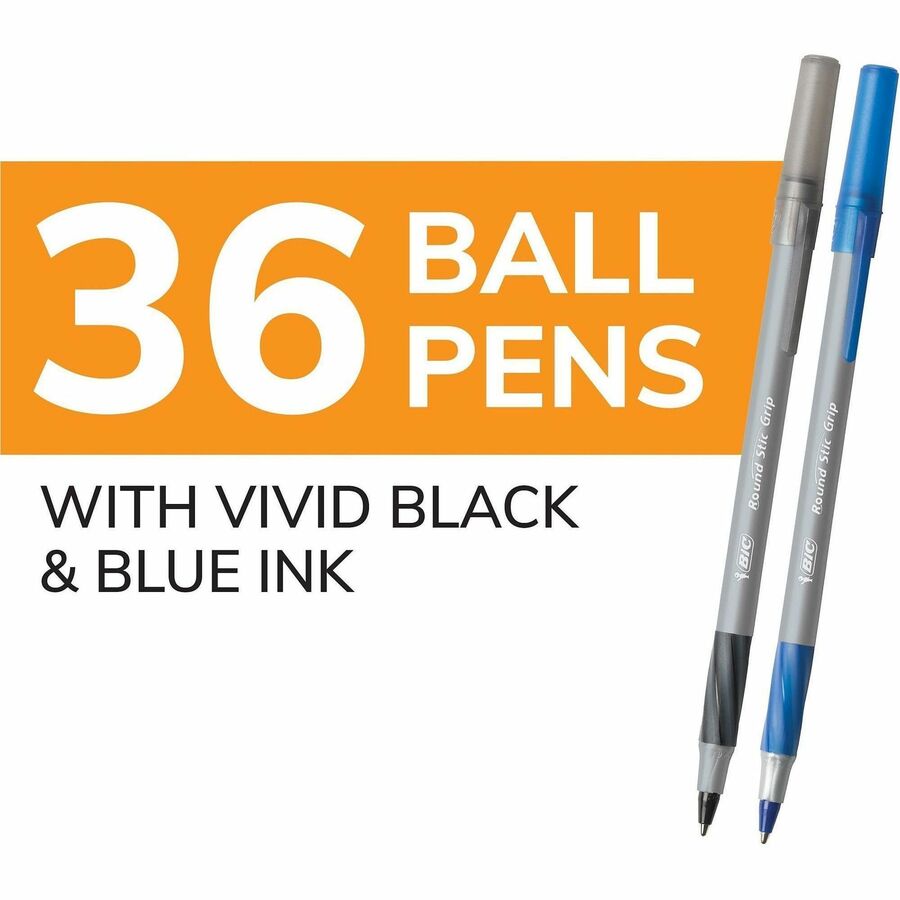 BIC Round Stic Grip Medium Ball Point Pen, Assorted, 36