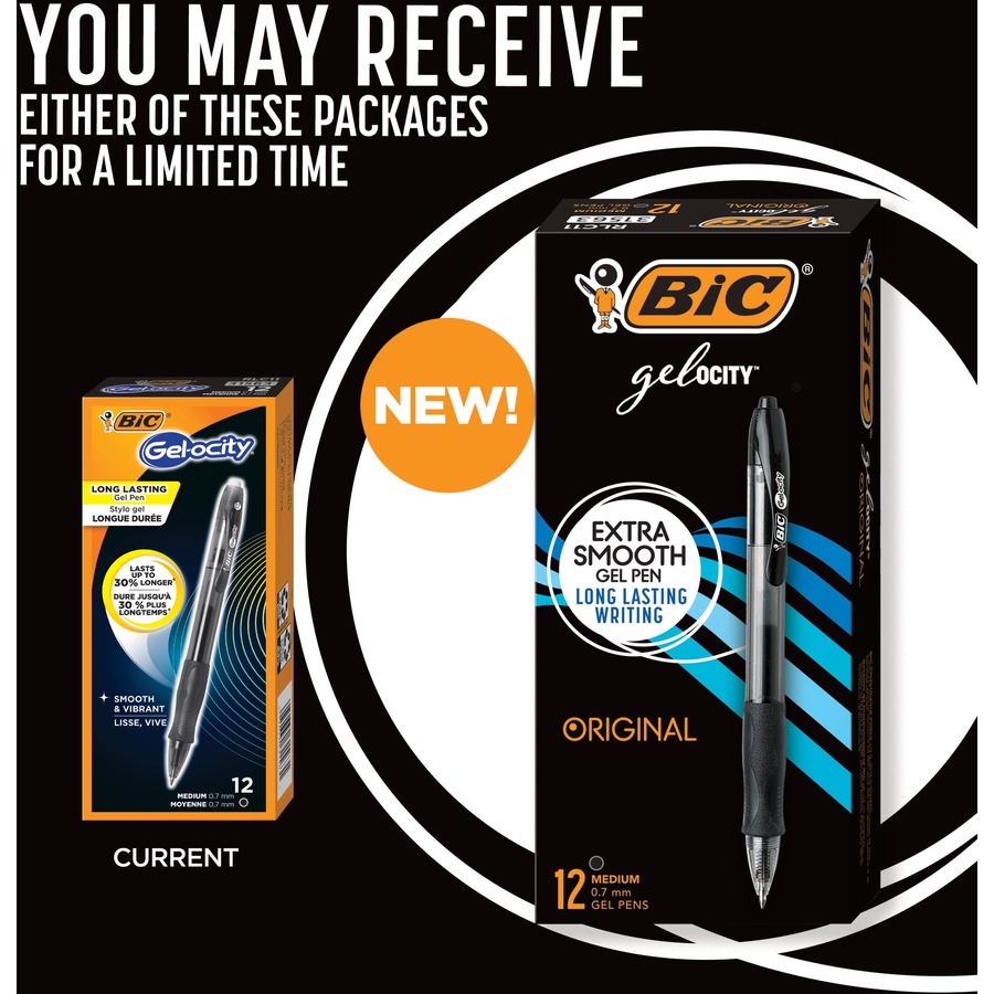 BIC Gelocity Original Black Gel Pens, Medium Point (0.7mm), 12Count