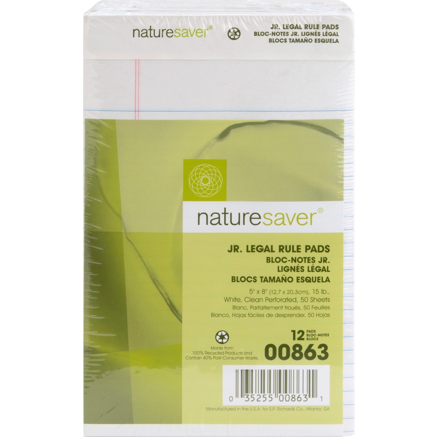 Nature Saver 100 Recycled White Jr. Rule Legal Pads Jr.Legal Letter, Legal & Jr. Pads