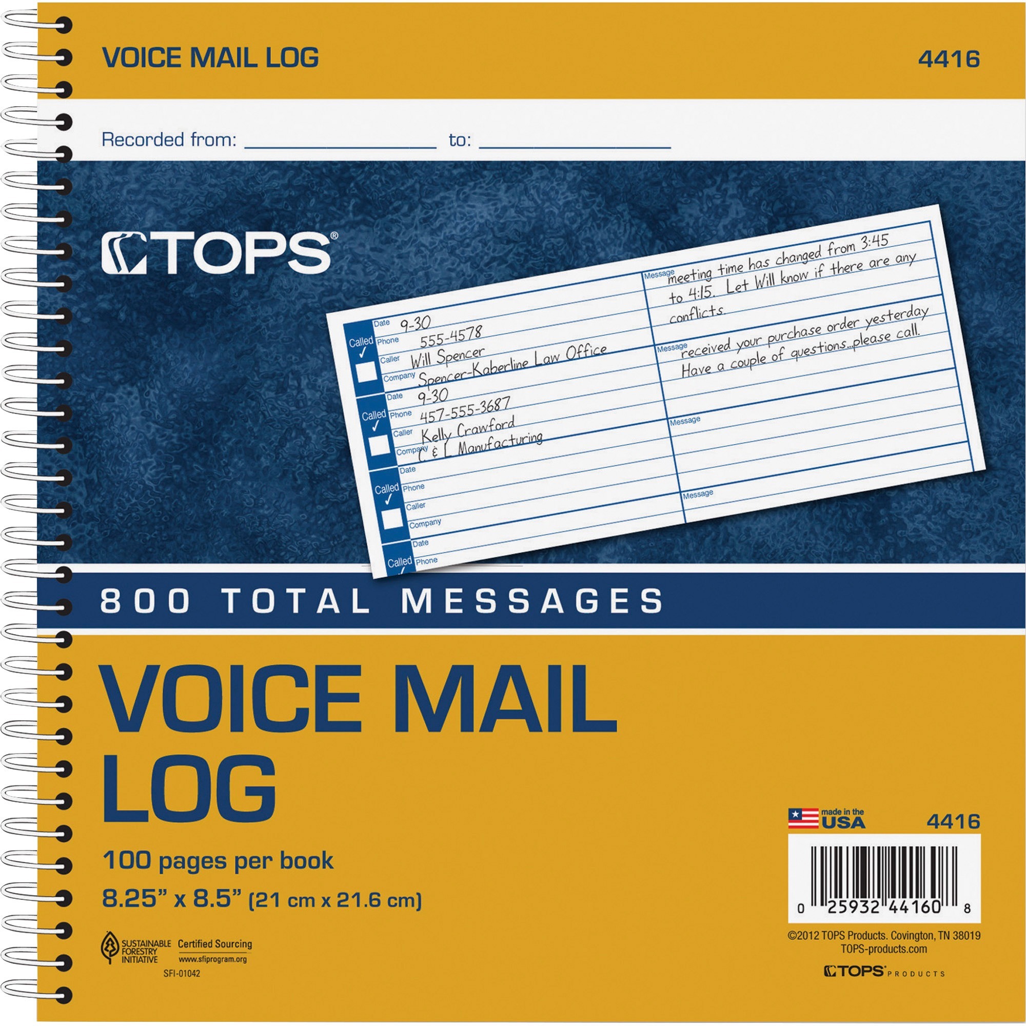 TOPS Spiral Bound Voice Message Log Book 50 Sheet(s) 8 1/4" x 8 1/2