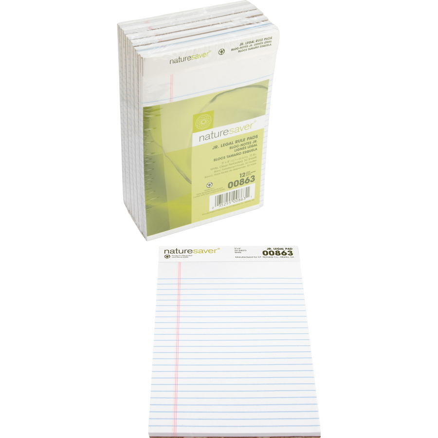 Nature Saver 100 Recycled White Jr. Rule Legal Pads Jr.Legal Writing Pads Nature Saver