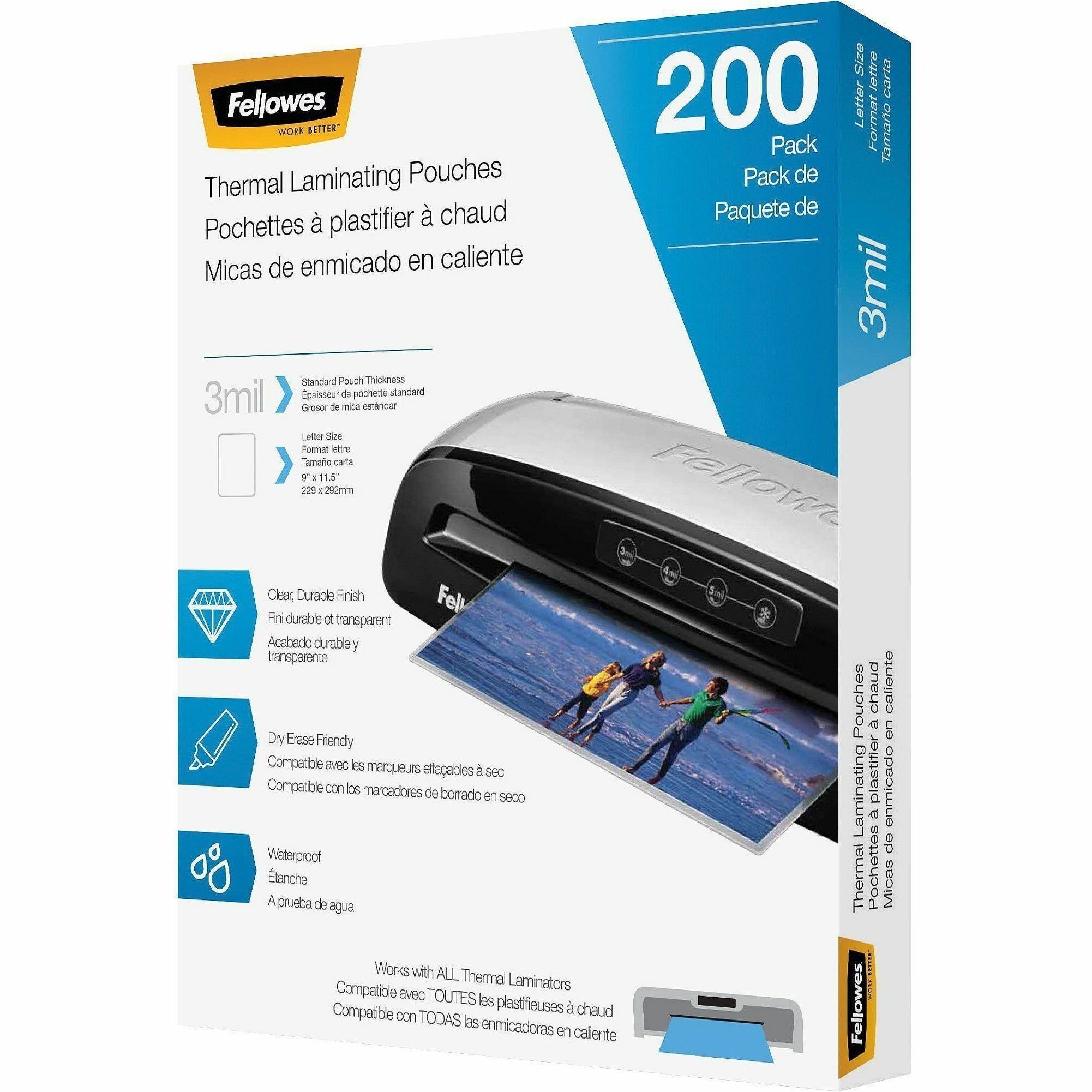 Fellowes Thermal Laminating Pouches Letter, 3 mil, 200 pack Sheet
