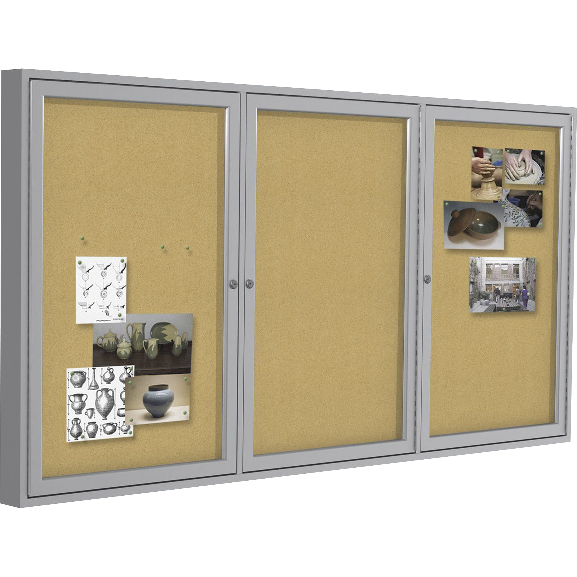 Ghent 3 Door Enclosed Natural Cork Bulletin Board with Satin Frame