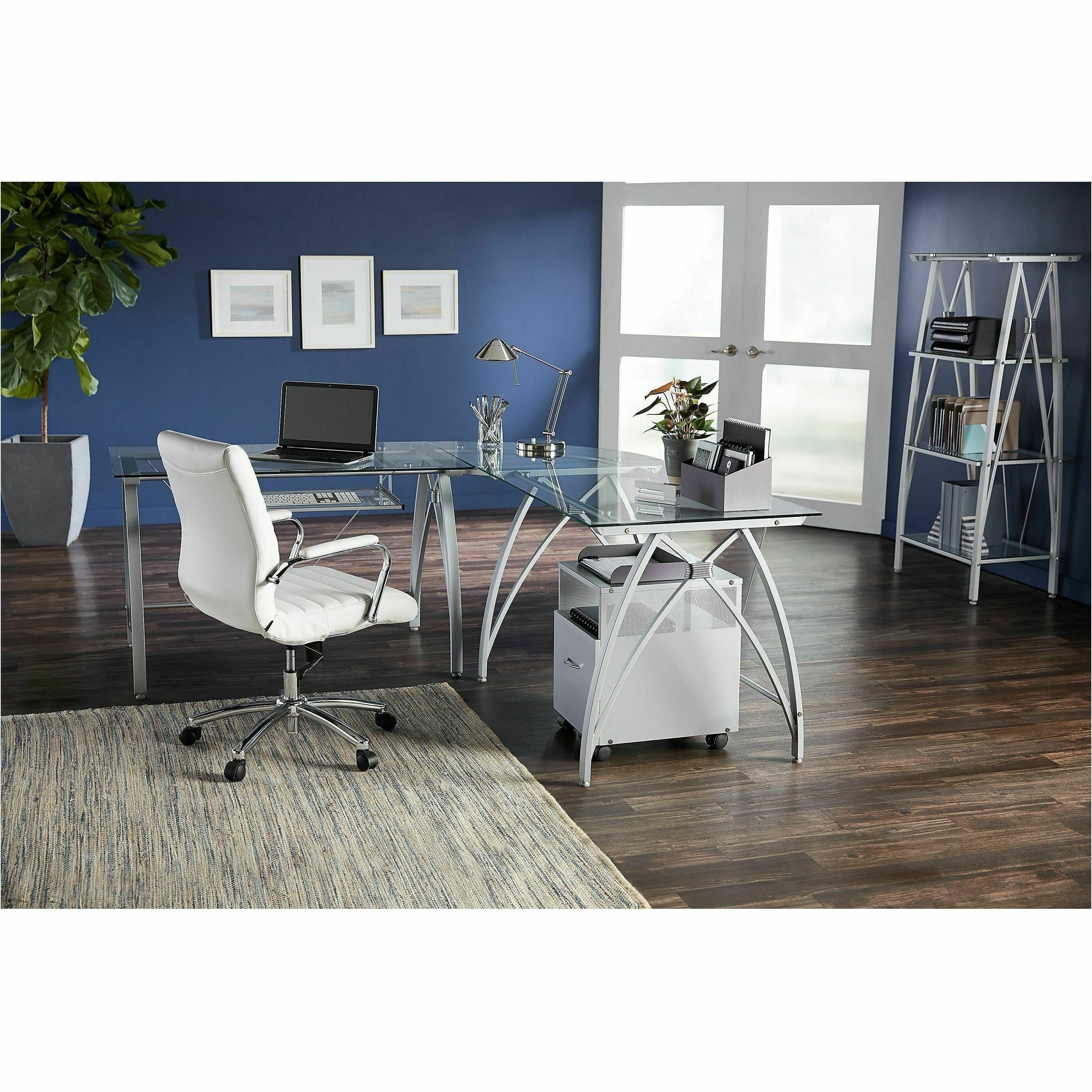 Realspace® Vista Glass 76"W LShape Corner Desk, Silver Corner & L