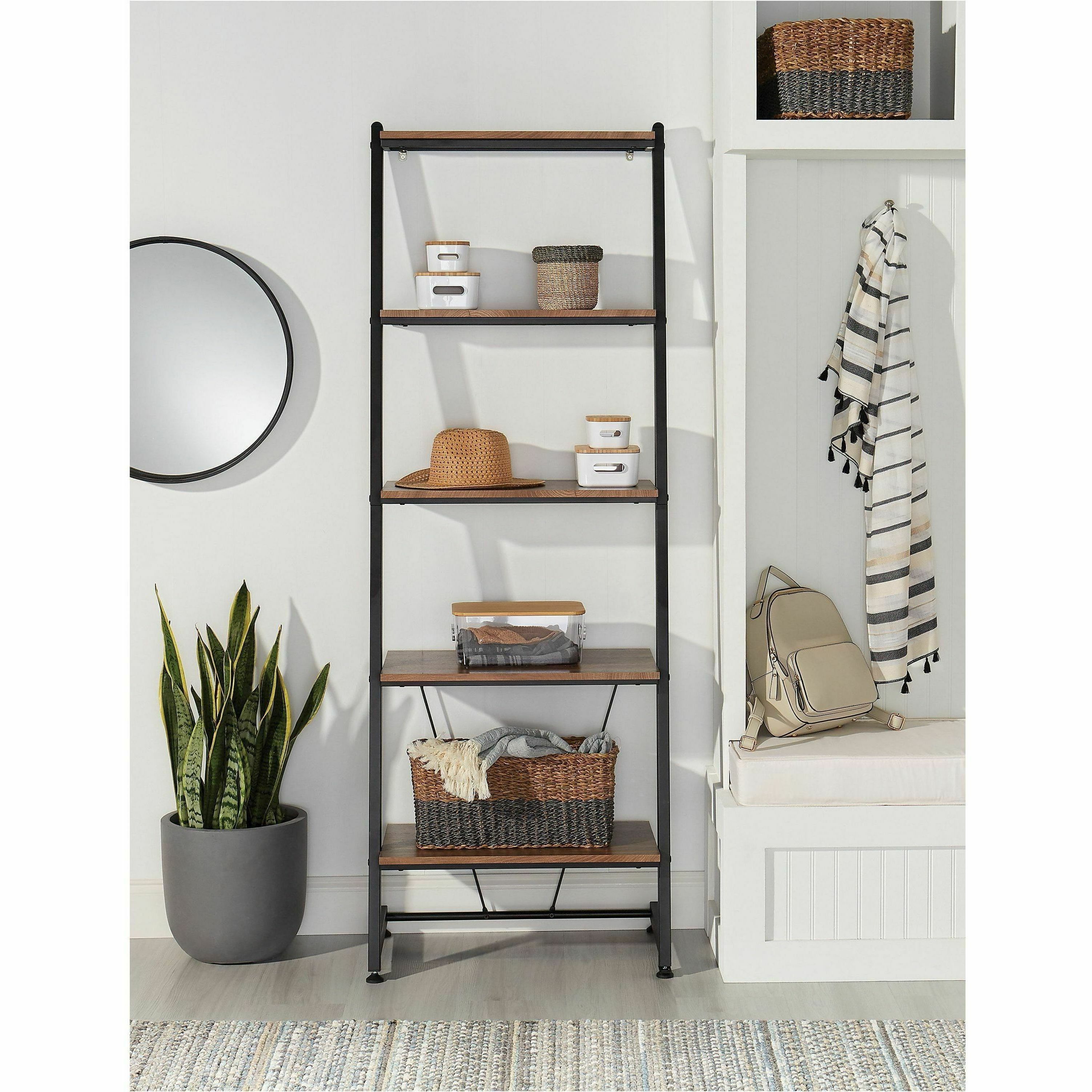Realspace® Belling 73"H Leaning 5Shelf Bookcase, Modern Oak Metal