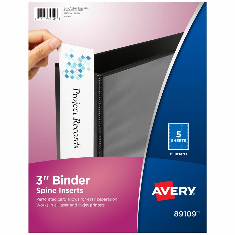 Avery(R) Binder Spine Inserts, 3 Inch Binders, 15 Inserts (89109