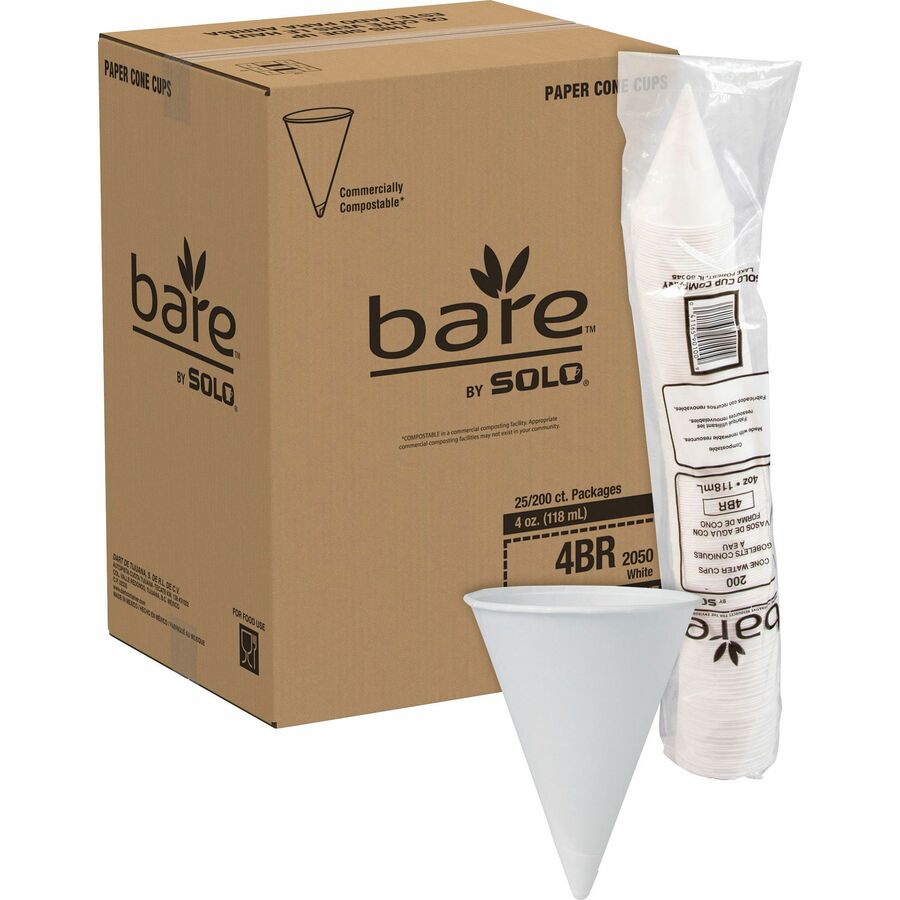 Solo EcoForward 4 oz Treated Paper Cone Water Cups 200 / Pack Cone 25 / Carton White