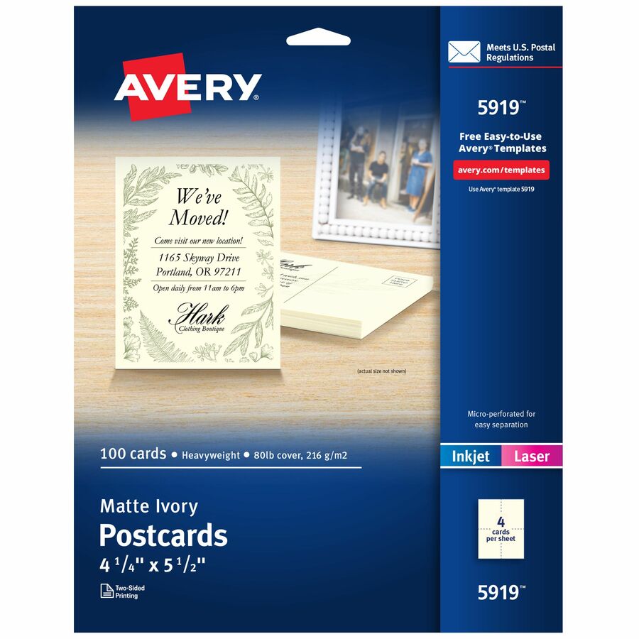 Avery® Postcards, Ivory, TwoSided, 41/4" x 51/2" , 100 Cards (5919