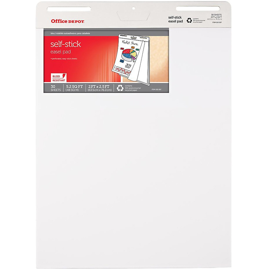 Office Depot Bleed Resistant SelfStick Easel Pads, 25" x 30", 30 Sheets, 30 Recycled, White