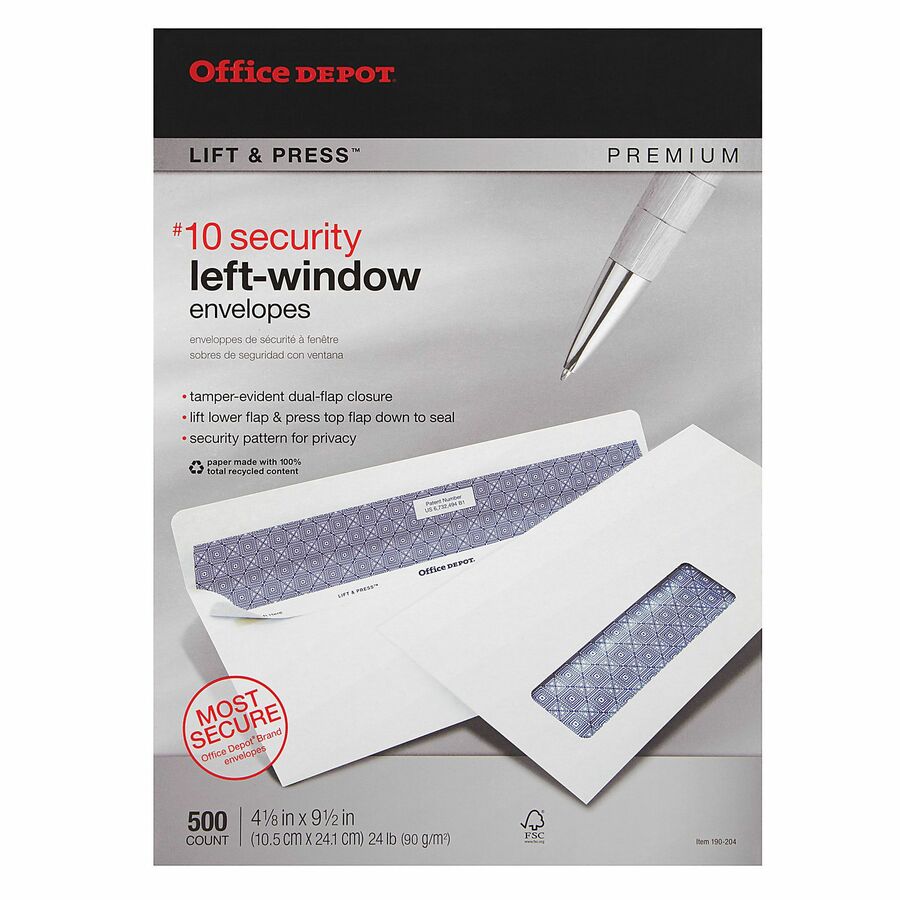 Office Depot® Brand 10 Lift & Press™ Premium Security Envelopes, Left
