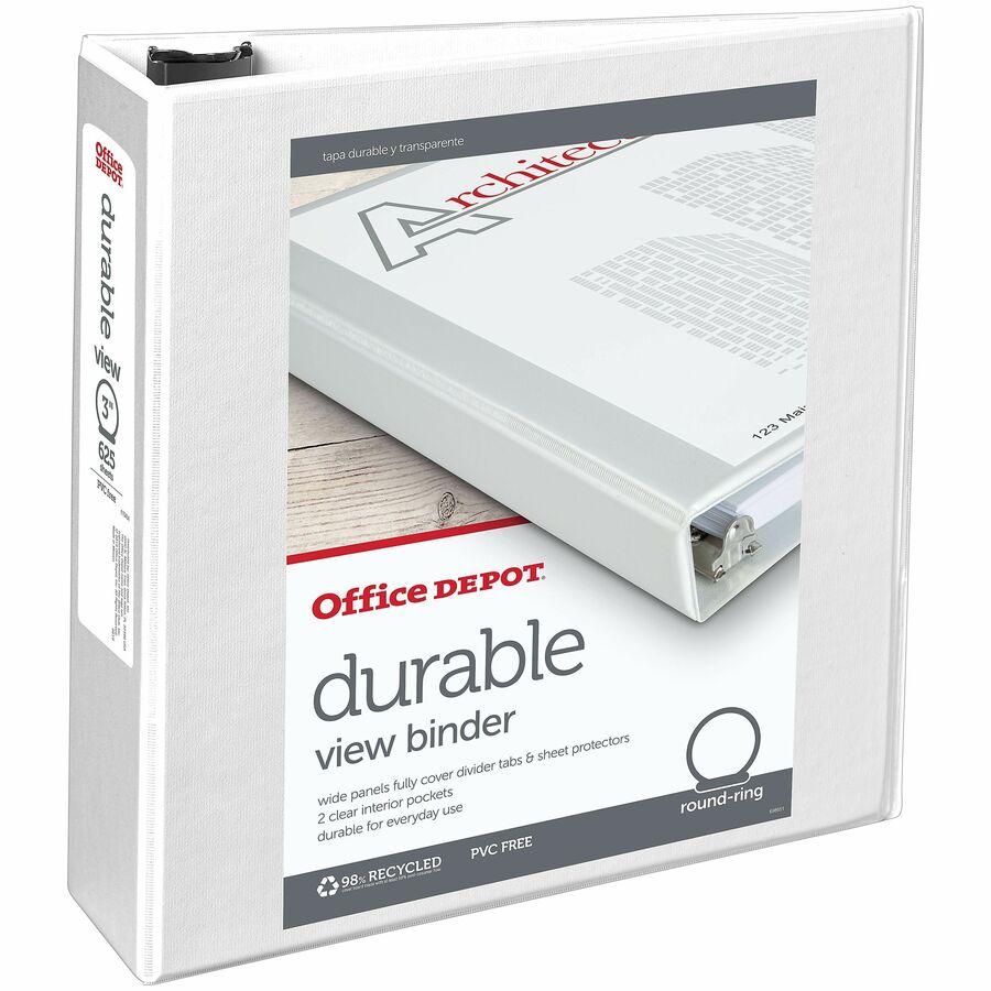 Office Depot; Brand Durable View 3Ring Binder, 3" Round Rings, White
