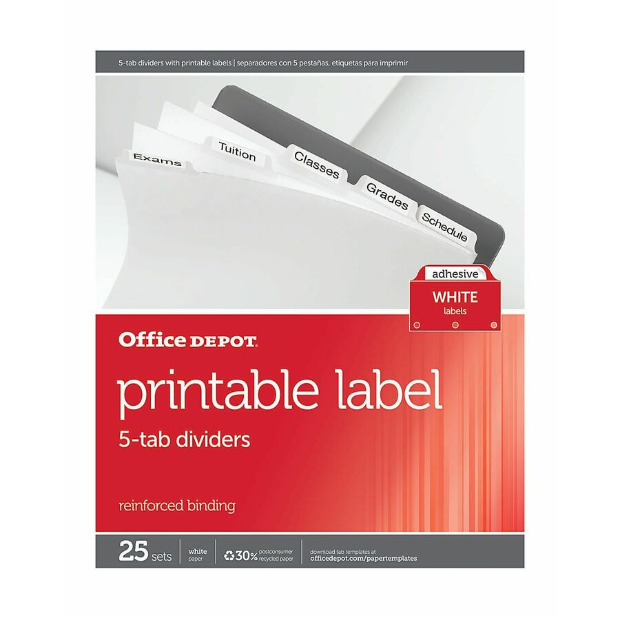 Office Depot Plain Dividers With Tabs And Labels, White, 5Tab, Pack Of