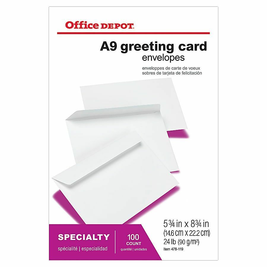 Office Depot Greeting Card Envelopes, A9, Gummed Seal, White, Box Of
