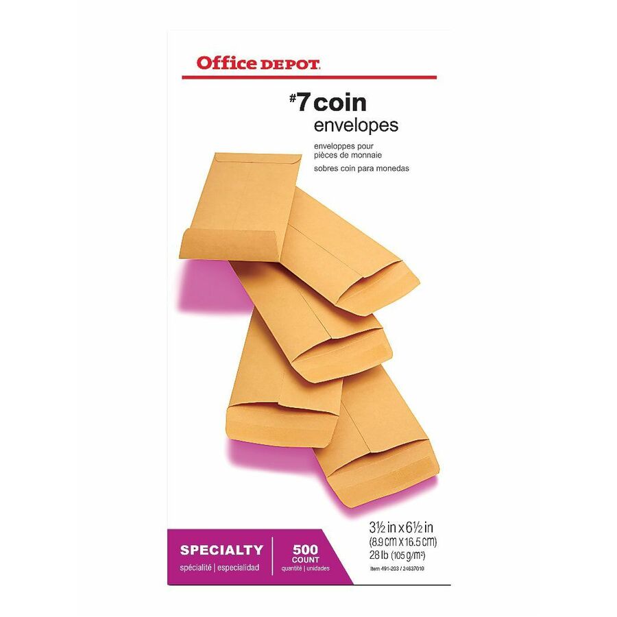 Office Depot Coin Envelopes, 7, Gummed Seal, Manila, Box Of 500 Coin