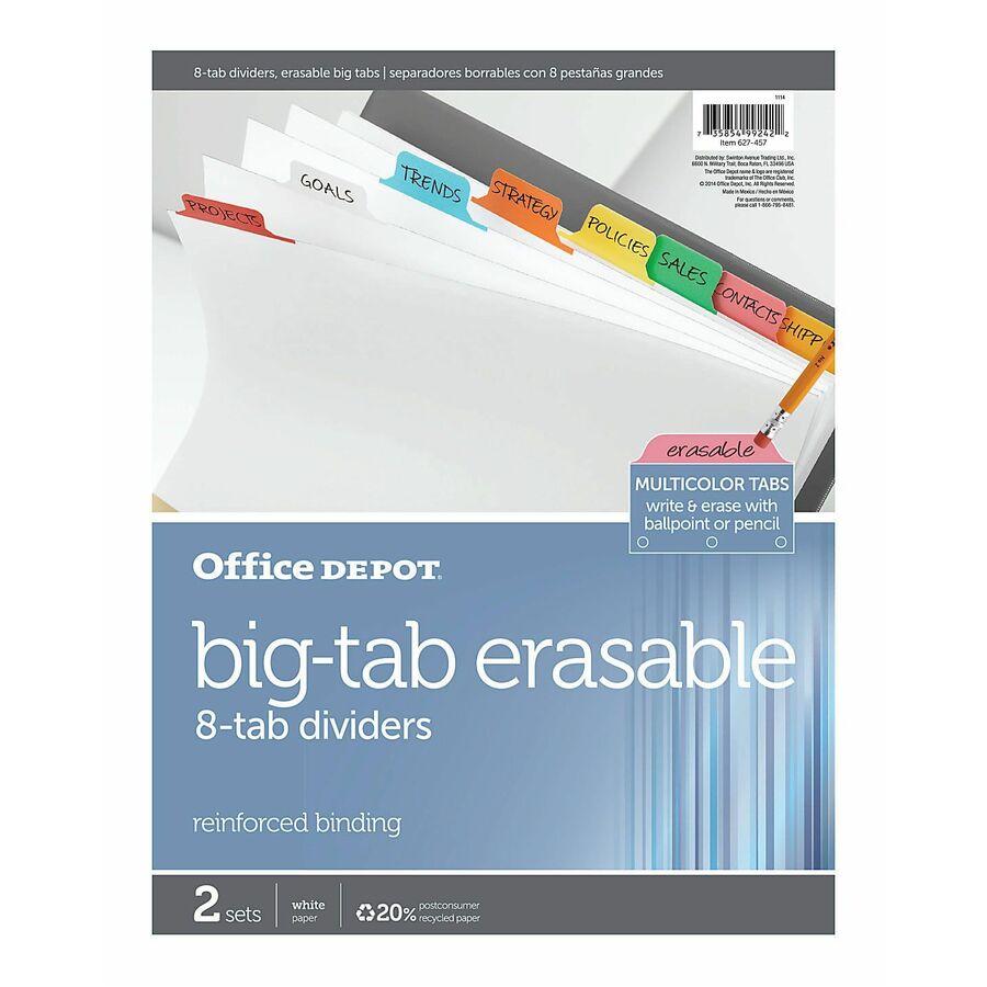 Office Depot® Brand Erasable Big Tab Dividers, 8Tab, Multicolor, Pack