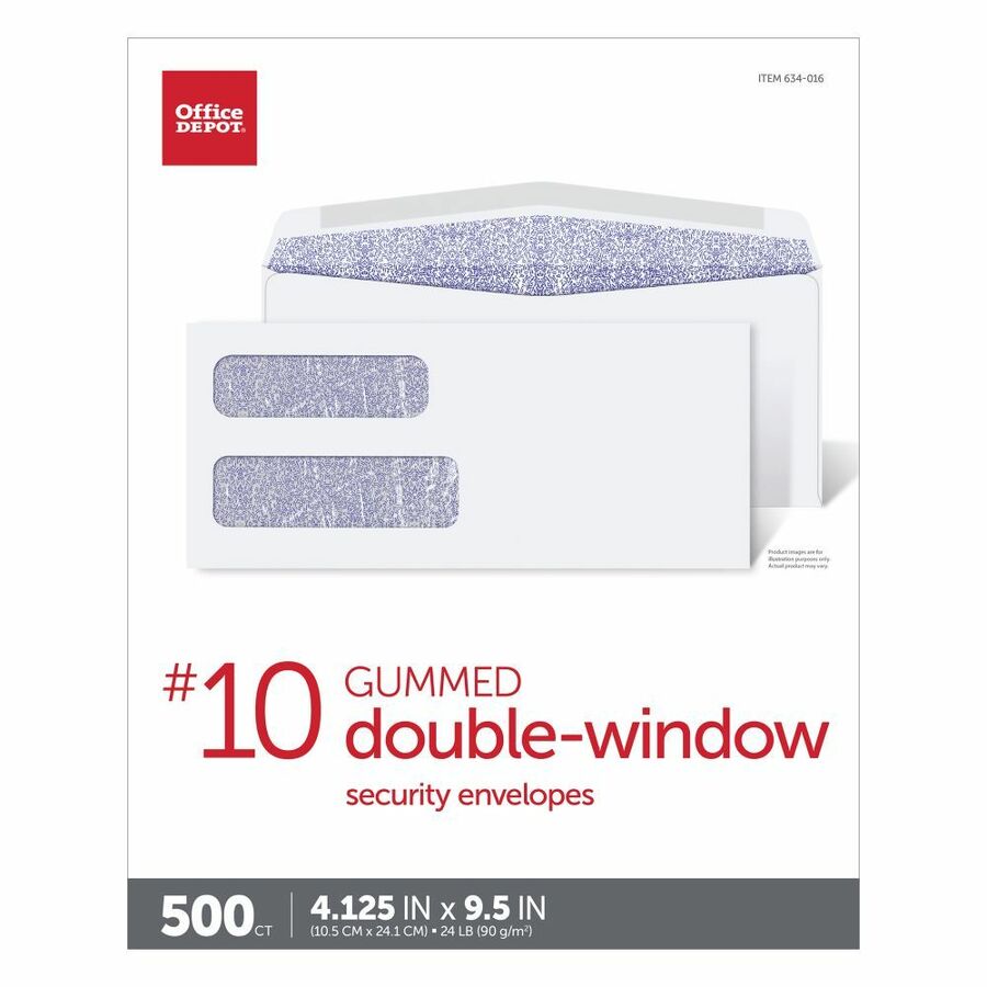 Office Depot® Brand 10 Security Envelopes, Double Window, Gummed Seal, White, Box Of 500