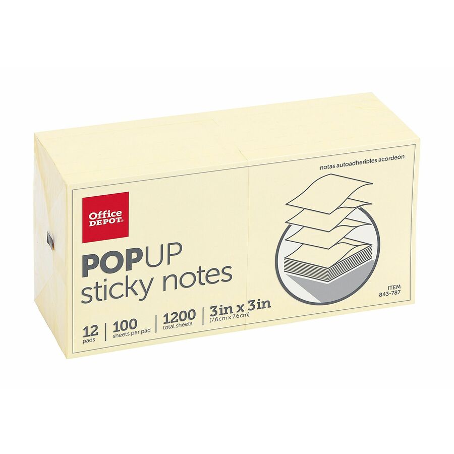 Office Depot® Brand Pop Up Sticky Notes, 3" x 3", Yellow, 100 Sheets