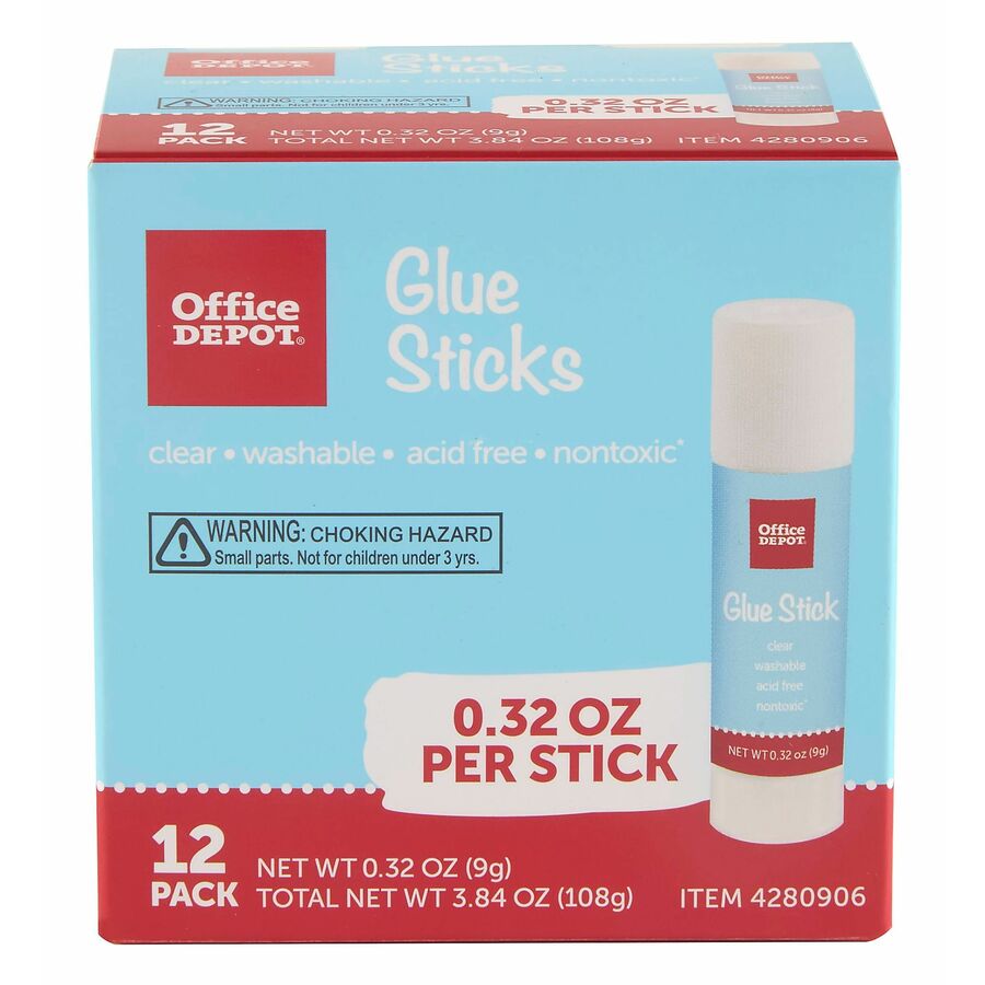 Office Depot® Brand Glue Sticks, 0.32 Oz, Clear, Pack Of 12 Glue Sticks