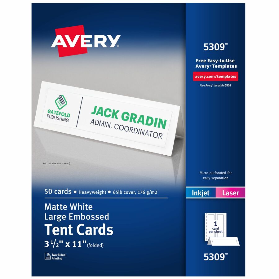 Avery® Large Tent Cards for Laser and Inkjet Printers, 3½" x 11" Tent