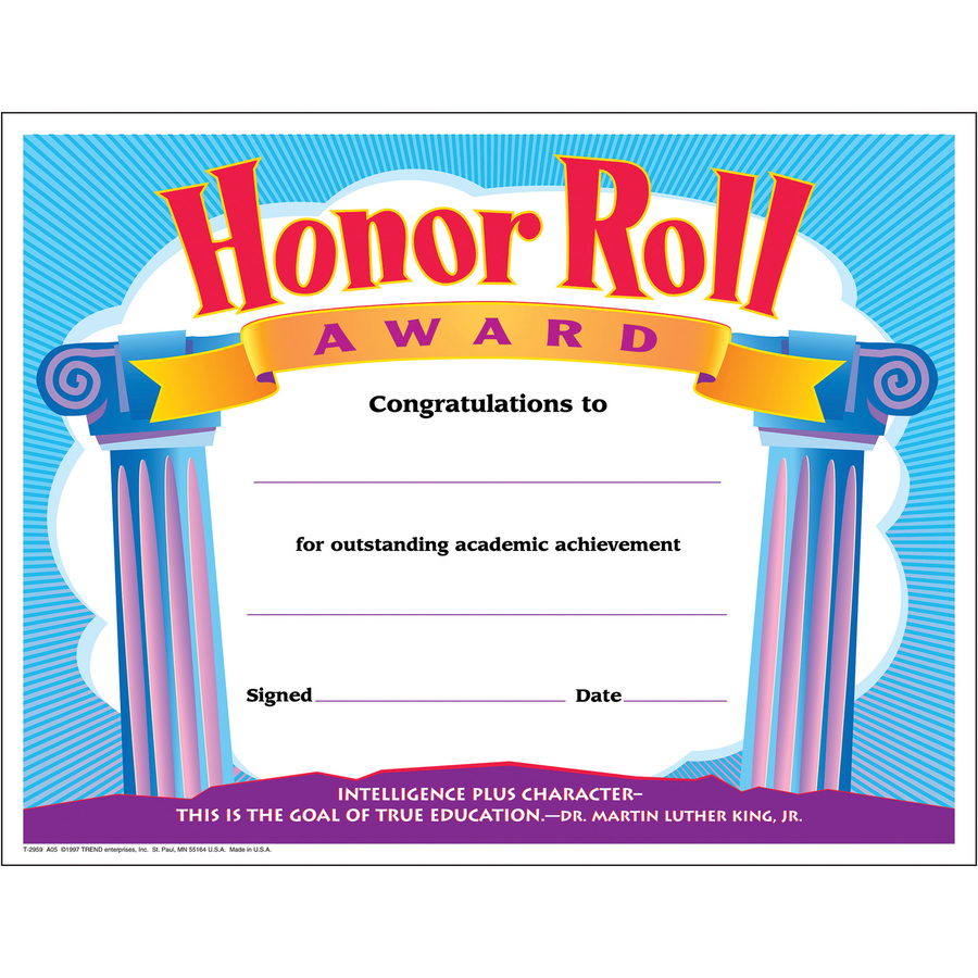 Trend Honor Roll Award Certificate "Honor Roll Award" 8.50" x 11" Assorted 30 / Pack