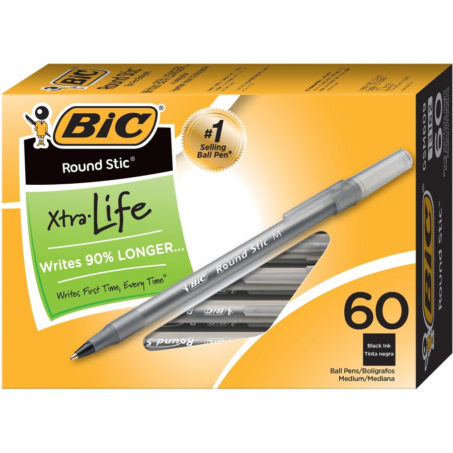 BIC Round Stic Ballpoint Pens Medium Pen Point Black Black Barrel