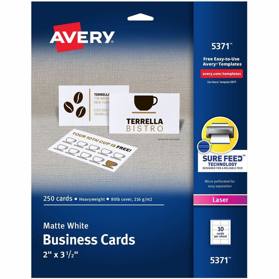 Avery 5371 Laser Print Business Cards, White 250/Box